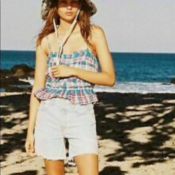 Free People Henrietta Tube Top plaid Print Button Smocked Ruffle Crop Small NWT - Picture 2 of 6